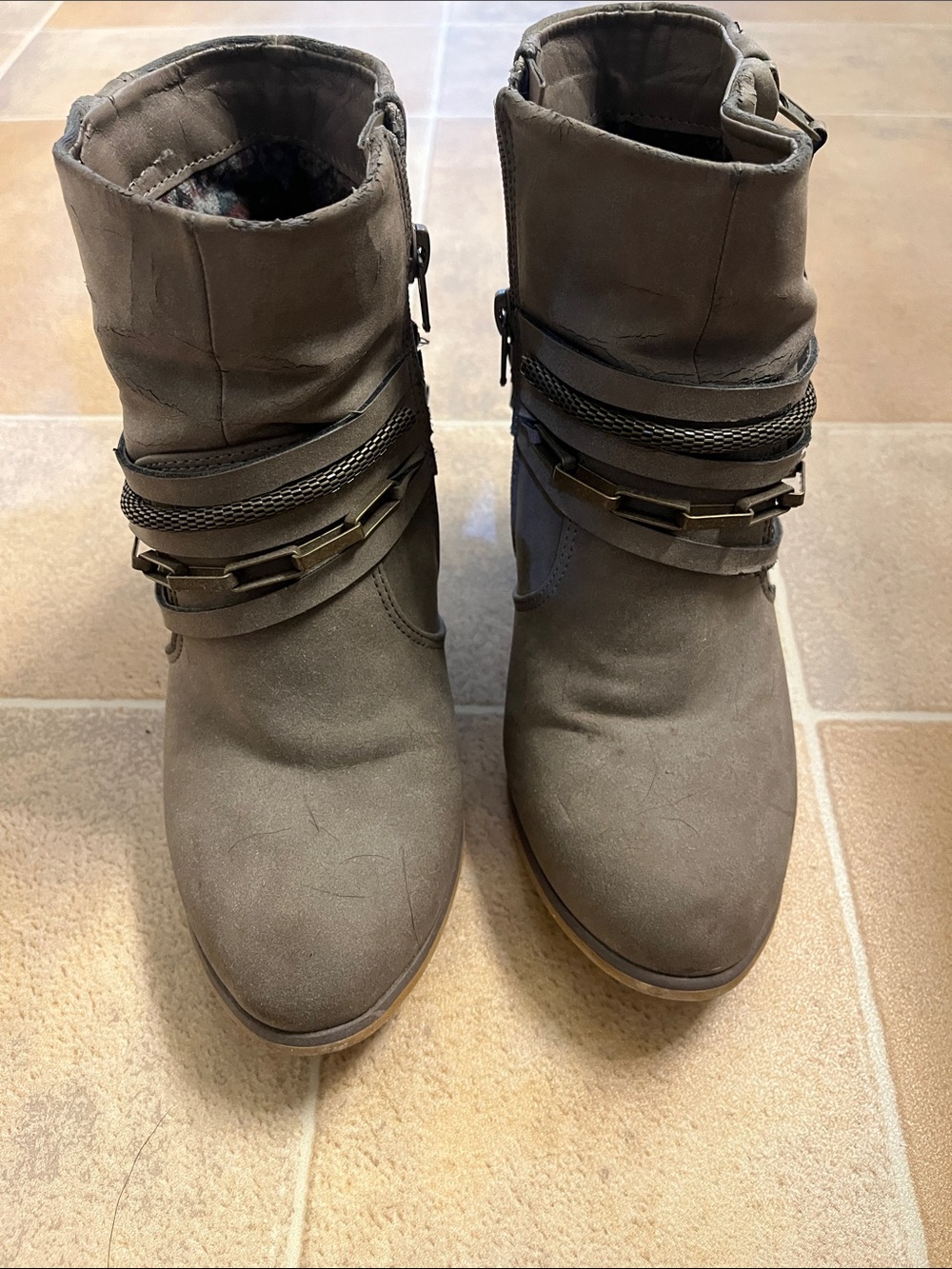 Liliana Taupe Ankle Booties with Decorative Strap and Chain Detail